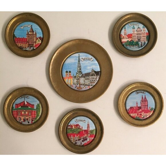Brass Ceramic Coaster Set (6) Bavaria Munchen Augsburg Landshut Ansbach Bayreuth - Picture 1 of 8
